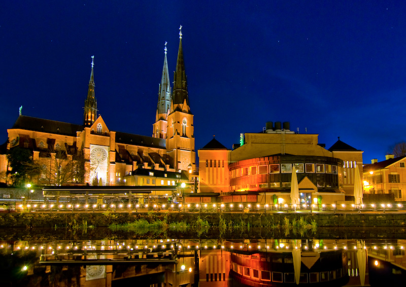 Uppsala cathedral and Saluhallen by night